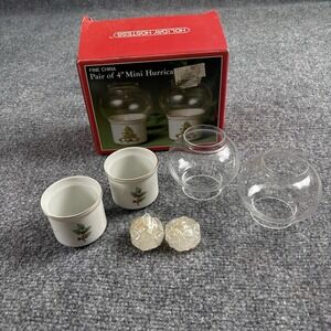 Vintage Christmas Mini Hurricane Lamps Pair 4" Tree Holly Japan Holiday Hostess